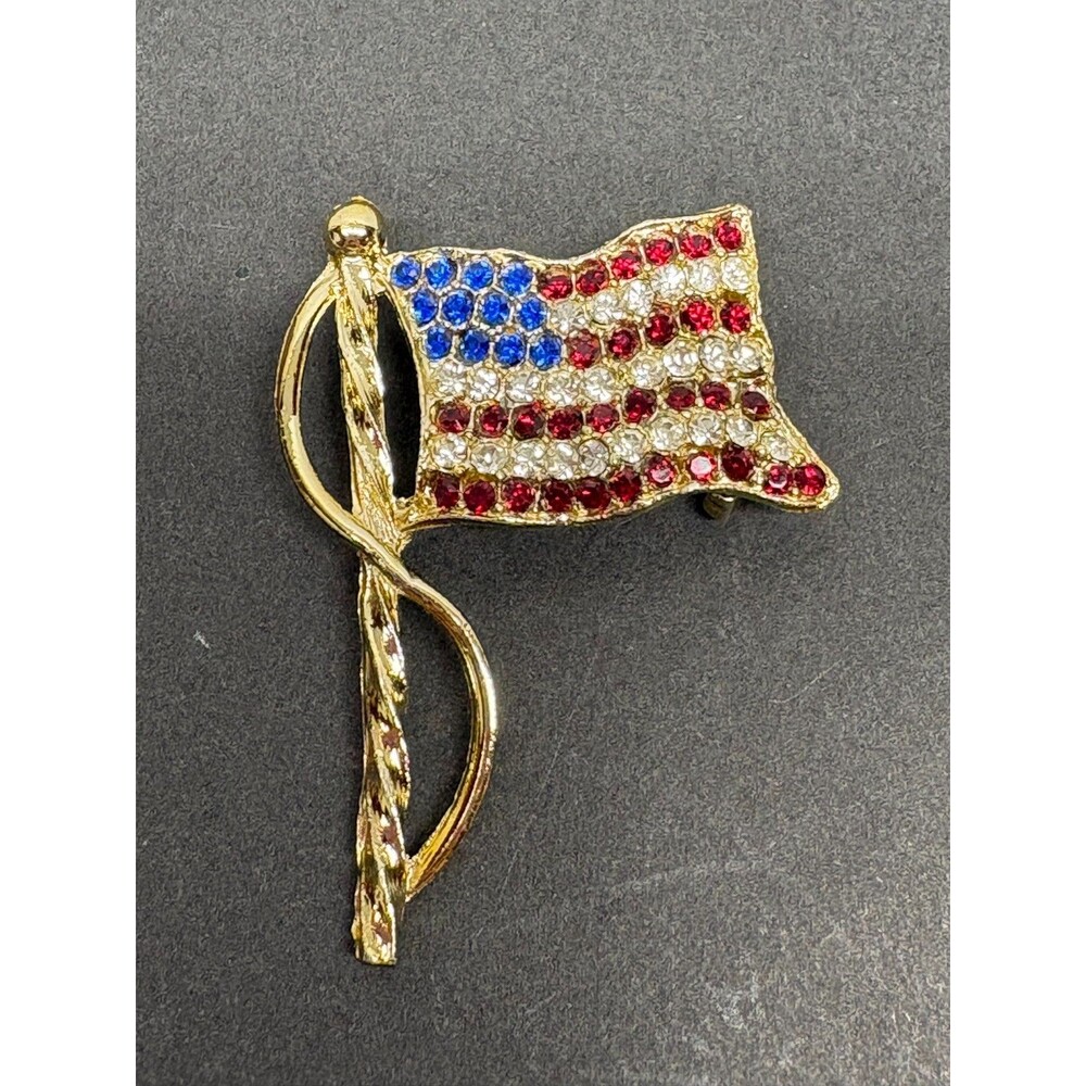 Vtg American Flag Red White & Blue Rhinestone Pin Brooch